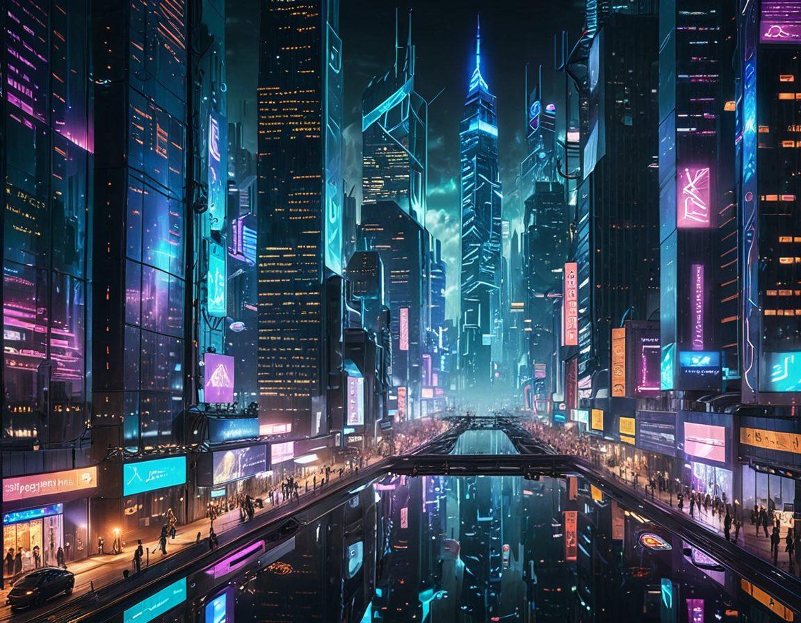 A futuristic cityscape with enormous data streams flowing like rivers through sleek skyscrapers, symbolizing the power of data. Web developers working with holographic interfaces, surrounded by symbols of code and innovation. The entire scene has an ethereal glow, highlighting the cutting-edge technology. cyberpunk. vibrant colors. super-realistic.