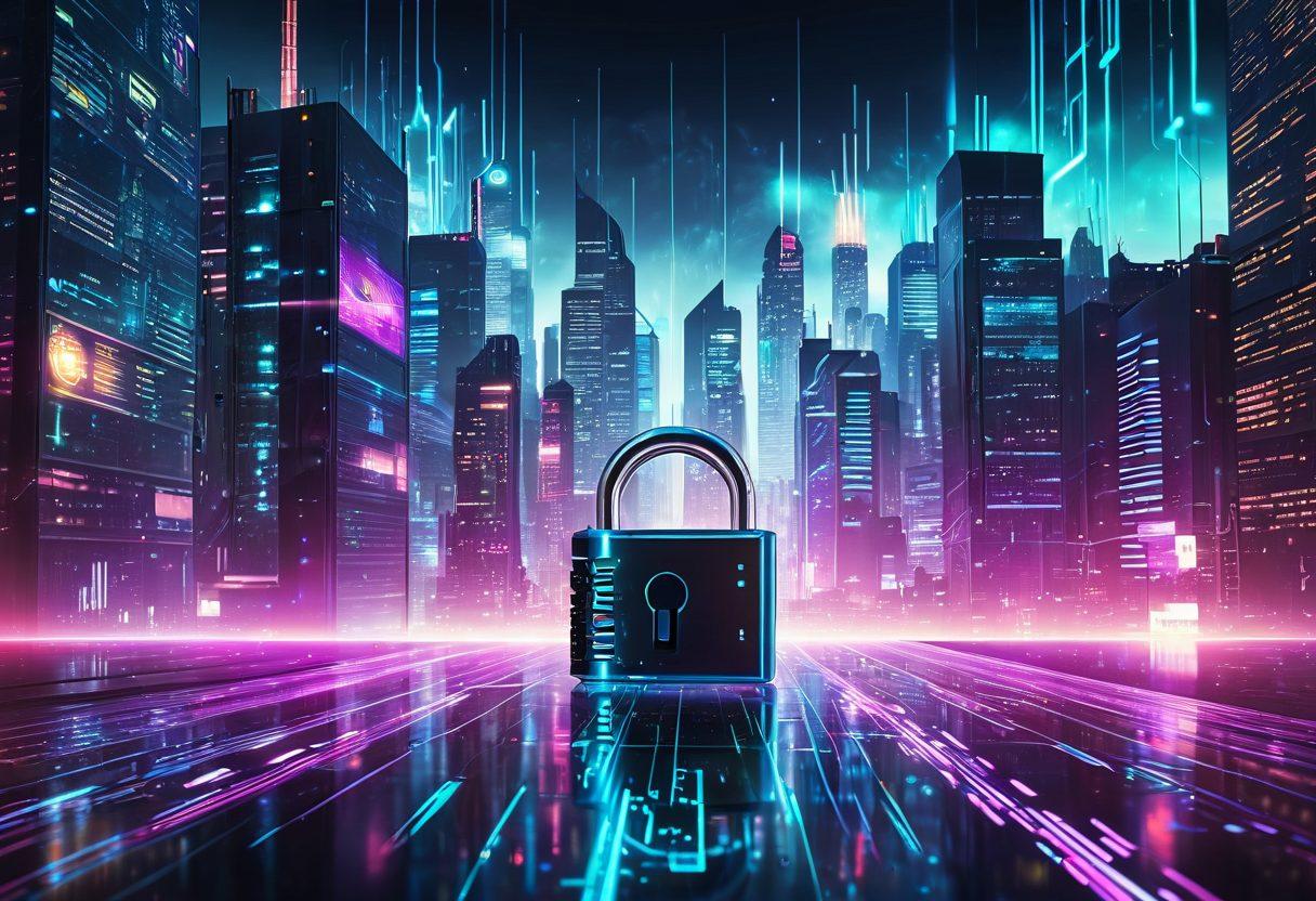 A futuristic, high-tech cityscape with interconnected glowing lines representing data flows, a large digital lock being unlocked by a key made of binary code, and various icons representing web tools and solutions floating around. The overall design should evoke a sense of innovation, security, and comprehensive digital integration. cyberpunk. vibrant colors. 3D.