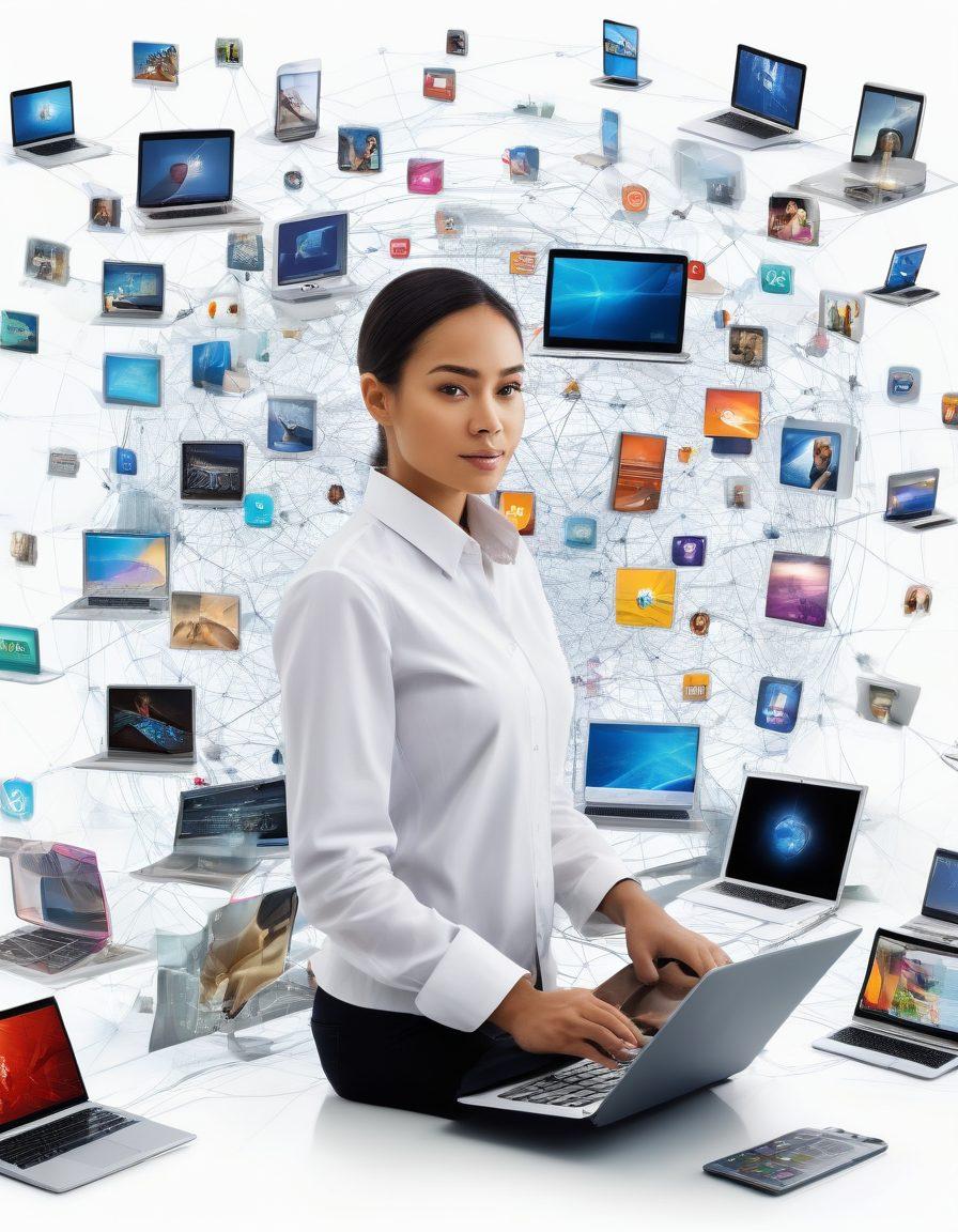 A vibrant collage highlighting various web tools and digital services being used by diverse individuals on laptops, tablets, and smartphones, set against a dynamic, futuristic background of interconnected digital networks. Each device shows different applications and tools in action, spotlighting growth and innovation. super-realistic. vibrant colors. white background.